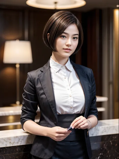 47
(An 18-year-old woman), (A hyper-realistic), (Masterpiece), Short Bob Cut, Concierge at the hotel reception