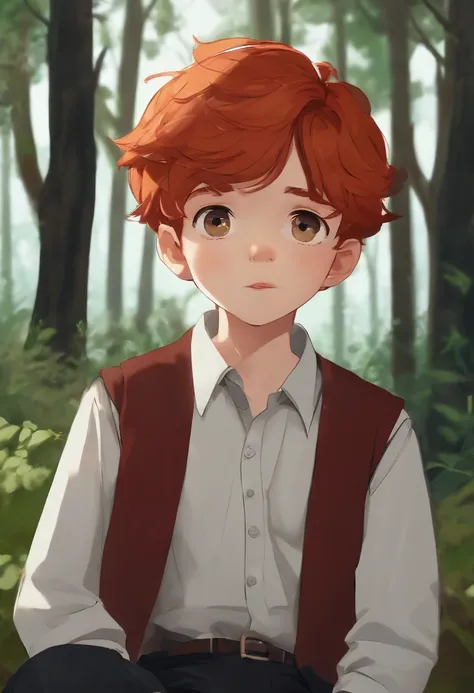 (Masterpiece:1.2, Best Quality), Forest, A Boy, Boy, Redhead, School Uniform, Thinking