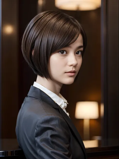 47
(An 18-year-old woman), (A hyper-realistic), (Masterpiece), Short Bob Cut, Concierge at the hotel reception