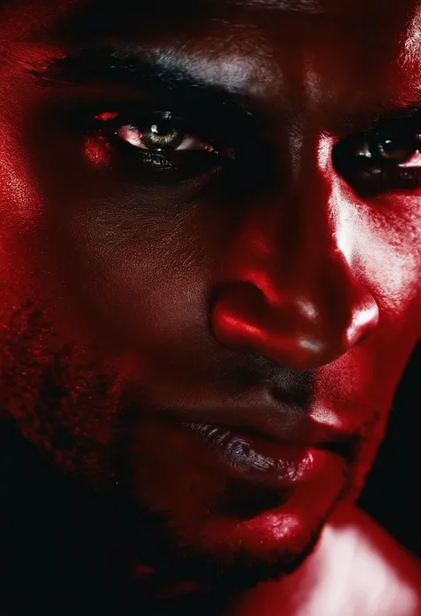 um close up de uma pessoa com um fundo vermelho, cara bonito na arte, Neo Estilo Preto, Neo Estilo Preto, com olhos vermelhos brilhantes, Neo Preto, his eyes are red and glowing, hes very menacing and evil, olhos vermelhos afiados, com olhos vermelhos bril...