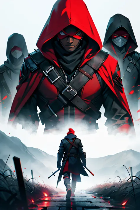 best quality. 4k. movie poster. A 14 Year Old black Assassin With A Mask. With Red assassins behind him