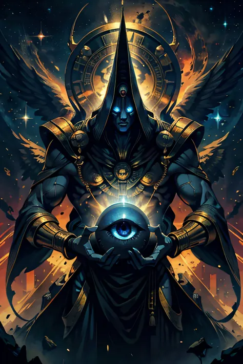 a god in outer space and behind him a gigantic eye of horus