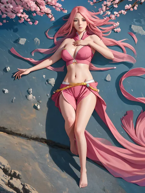 Sakura Haruno, Long Pink Hair, Large Breasts, Milf, modelshoot style, (extremely detailed CG unity 8k wallpaper), full shot body photo of the most beautiful artwork in the world, stunningly beautiful photo realistic cute women in saree (navel:1.5), profess...
