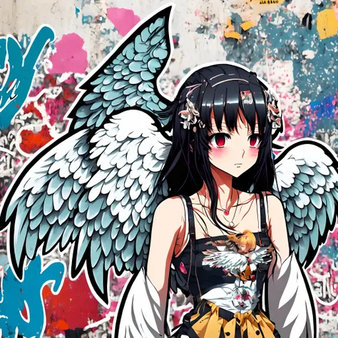 Anime girl in dress with wings in front of the wall, winged girl angel, Angel Girl, urban girl fanart, Girl with angel wings, of an beautiful angel girl, streetart:2, young wan angel, beautiful cyborg angel girl, striking manga artstyle, Graffiti Art Style...