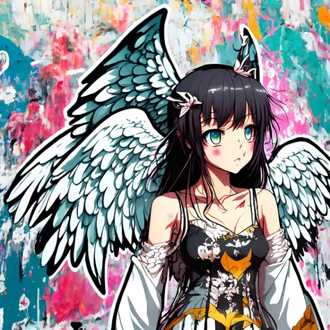 Anime girl in dress with wings in front of the wall, winged girl angel, Angel Girl, urban girl fanart, Girl with angel wings, of an beautiful angel girl, streetart:2, young wan angel, beautiful cyborg angel girl, striking manga artstyle, Graffiti Art Style...