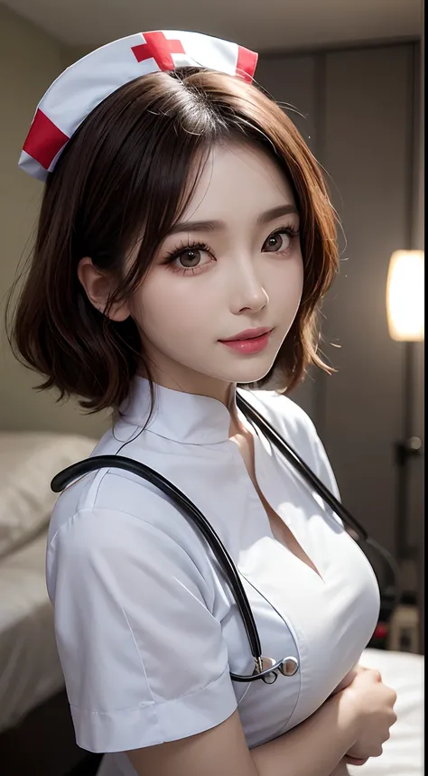 (1 Ultimate Beautiful Mature Nurse) 、 Ultra Precision Face 、 Detail Lip 、 Detail Eye 、 Double Eyelid 、 ((Brunet Short)) 、 (Nursuit: 1.3) 、 (Fancy Body) 、 Smile 、 Slim Thigh, Perfect Fit, Perfect Image Realism, Background: (Hospital Patient Room: 1.2), Deta...