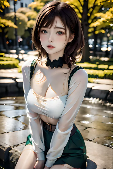 1girl in, age19, Solo, Aesthetic artwork, Irish Redhead, wavy ginger hair, shoulder-length ginger hair, Gray eyes, Light gray eyes, a few small freckles, pale skin, A-cup, Small breasts, Runners Body, Detailed skin texture, Sitting on a stone bench, City F...