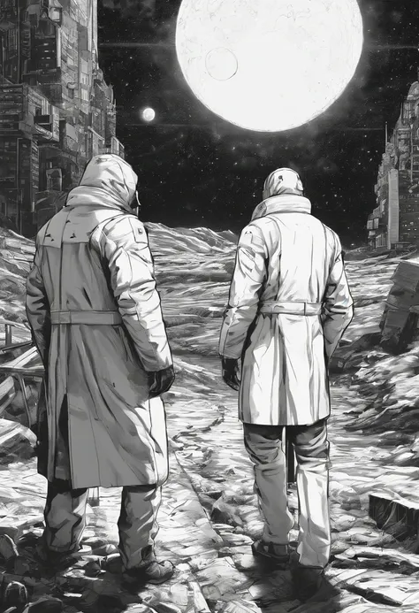 Scientists in science coats turn their backs to us，looking at the stars，hard core，Technologie，Red monochrome,USSR Poster,urss,Communism