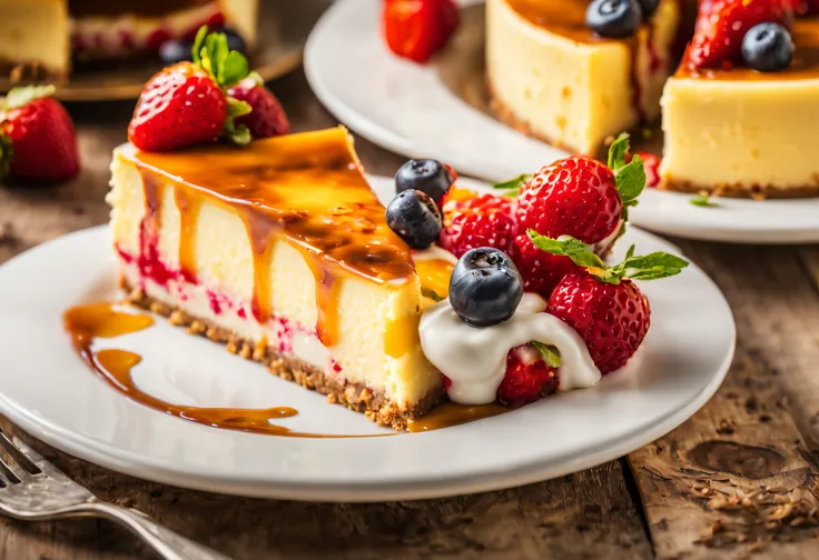 beautiful delicious cheesecake,slice of cheesecake,creamy texture,rich flavors,buttery crust,decadent dessert,dessert lovers,food photography,vibrant colors,luscious toppings,mouthwatering,indulgent treat,tempting dessert,irresistible aroma,delicate presen...