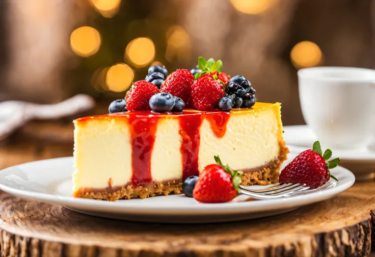 beautiful delicious cheesecake,slice of cheesecake,creamy texture,rich flavors,buttery crust,decadent dessert,dessert lovers,food photography,vibrant colors,luscious toppings,mouthwatering,indulgent treat,tempting dessert,irresistible aroma,delicate presen...