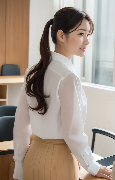 (Best quality, 8k, 32k, Masterpiece, UHD:1.2), from behind, 1 walking girl, beautiy Japanese office lady, (smile:0.5), (looking at the the viewer), 30 years old, bit chubby, white shirt, black skirt, office room, desk, detailed beautiful face, wavy pony-ta...