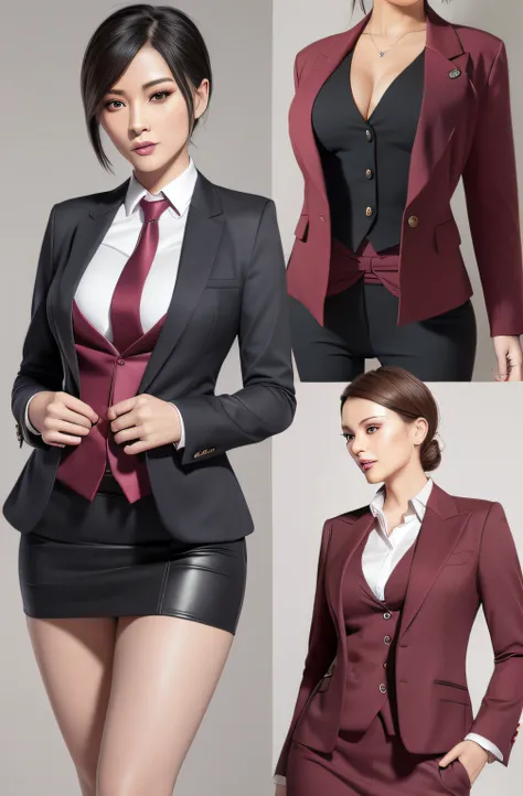 1 woman, ada wong, skirt suit, (((three-piece suit))), necktie, blazer, (((suit jacket))), (((waistcoat))), double-breasted waistcoat, bodycon miniskirt, pencil skirt, tie clip, pocket square, pocket watch, pantyhose, high heels, makeup, lipstick