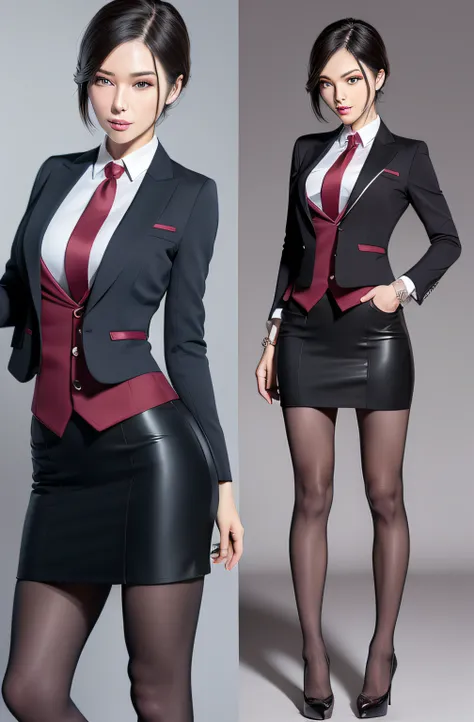 1 woman, ada wong, skirt suit, (((three-piece suit))), necktie, blazer, (((suit jacket))), (((waistcoat))), double-breasted waistcoat, bodycon miniskirt, pencil skirt, tie clip, pocket square, pocket watch, pantyhose, high heels, makeup, lipstick