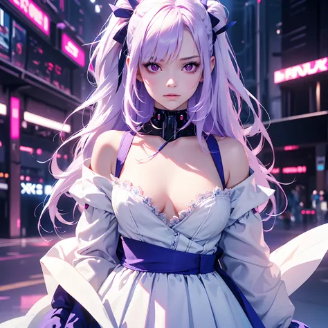 1girl,Albino, cute, purple hair, beautiful, long hair,red eyes, wearing a white and blue dress, hair with a ribbon, cyberpunk,cyborng((8k, UHD, ultra realistic))