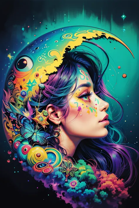 A woman with a colorful face and a crescent on her head, Arte de Alessandro Pautasso, sonho colorido, pintura digital colorida, Pintura digital intrincada, arte de fantasia digital colorida, psychedelic art style, arte colorida bonita!, Jen Bartel, colorid...