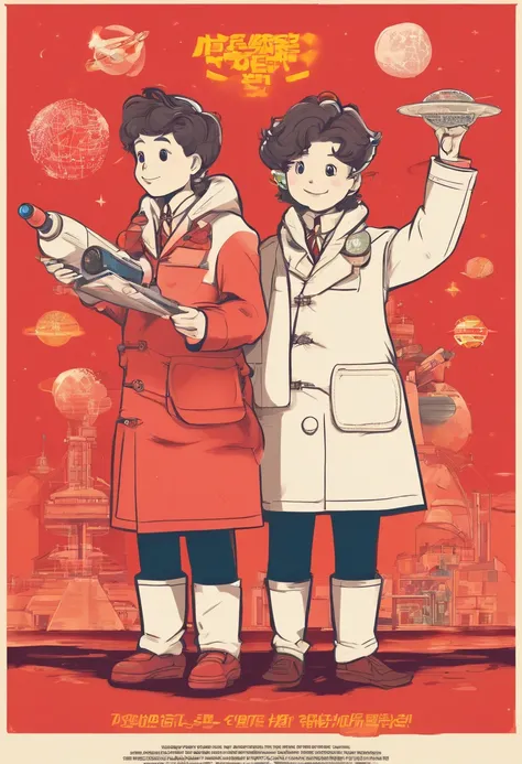 Scientists in science coats turn their backs to us，looking at the stars，hard core，Technologie，Red monochrome,USSR Poster,urss,Communism