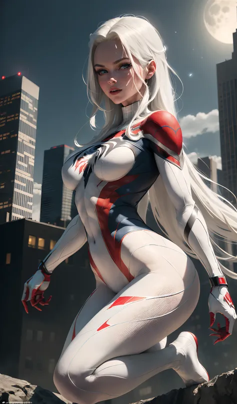 (Masterpiece, 4k resolution, ultra-realistic, very detailed), (White superhero theme, charismatic, theres a girl on top of town, wearing Spider-Man costume, shes a superhero), [ ((25 years), (long white hair:1.2), full body, (blue eyes:1.2), ((Spider-Man p...