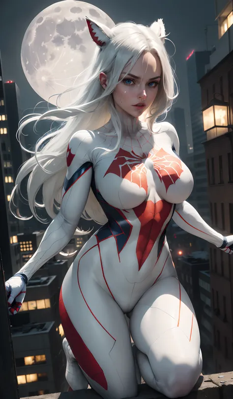 (Masterpiece, 4k resolution, ultra-realistic, very detailed), (White superhero theme, charismatic, theres a girl on top of town, wearing Spider-Man costume, shes a superhero), [ ((25 years), (long white hair:1.2), full body, (blue eyes:1.2), ((Spider-Man p...