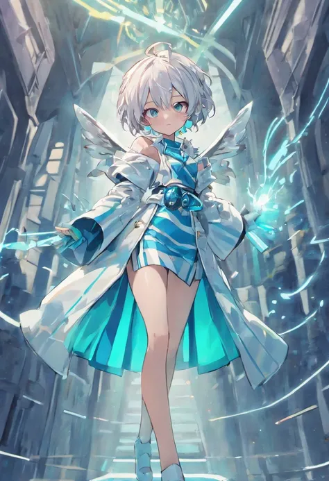 (1girl:1.5), solo, (loli:1.4), full body, small breasts, short hair, looking at viewer, (open coat, robe, blue robe, magical, magician, modern, contemporary, mecha musume, science fiction, futuristic:1.4), solo, full body, masterpiece, solo, (dynamic pose:...