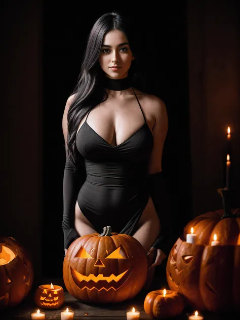 A 25-year-old girl in a black revealing dress holds a large carved pumpkin in front of her,in RAW format, sexy body and face, A lot of candles, Halloween Holiday, Halloween atmosphere, 8 5mm art lens, F 1. 2, sharp-focus, 8K High definition, insanely detai...