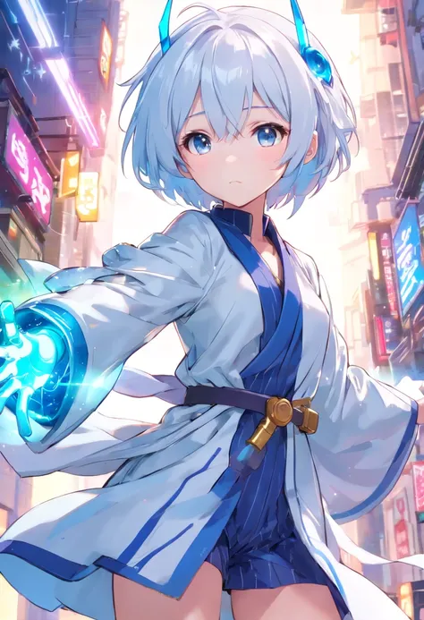 (1girl:1.5), solo, (loli:1.4), full body, small breasts, short hair, looking at viewer, (open coat, robe, blue robe, magical, magician, modern, contemporary, mecha musume, science fiction, futuristic:1.4), solo, full body, masterpiece, solo, (dynamic pose:...