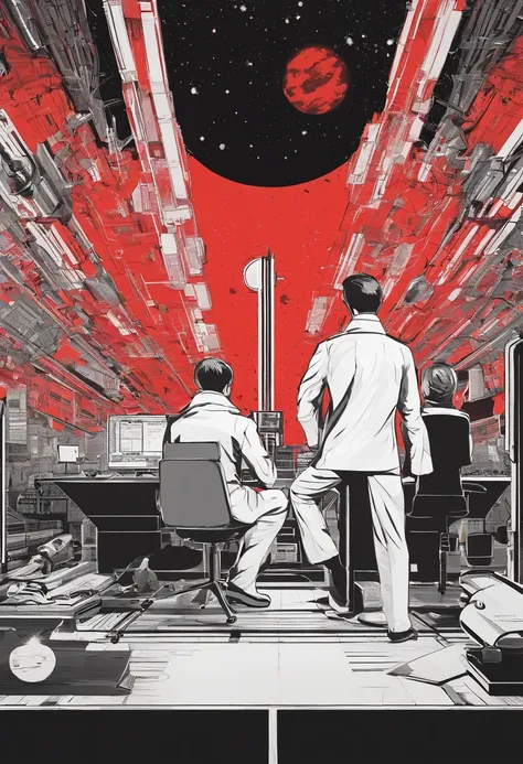 Scientists in science coats turn their backs to us，looking at the stars，hard core，Technologie，Red monochrome,USSR Poster,urss,Communism