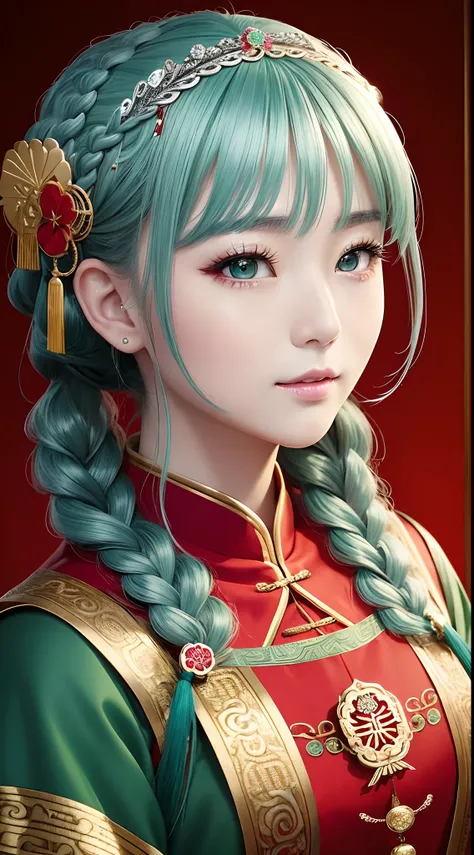 Chinese 30-year-old woman is very cute。Has green eyes、Wearing flashy national costumes、Silver-haired braid、Wearing a lot of ornaments、Royal Girl、