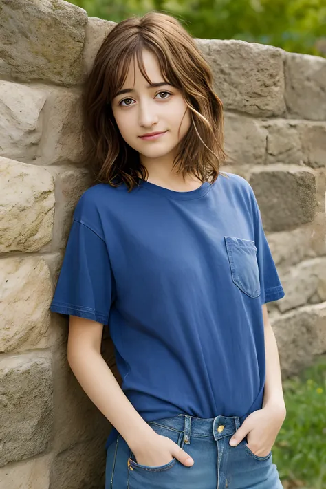 La mejor calidad, Chica. El caucásico Allison Mack ,brown hair , ,Cabello largo ,, profundidad de campo, ojos azules , , without smiling ,,, Camiseta blanca y jeans ,mirando al espectador, Rocas de city