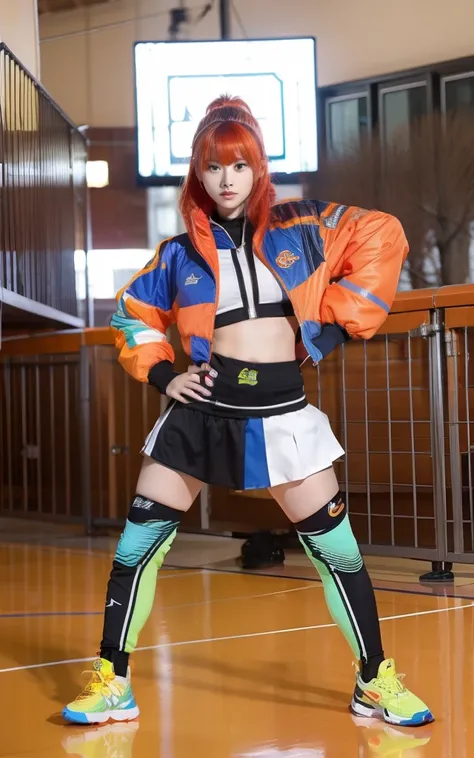 Sporty young woman、Good Style、Orange hair、colorful fashion、Idol face、large full breasts、Track jacket、a miniskirt、Colorful tights、Sporting goods