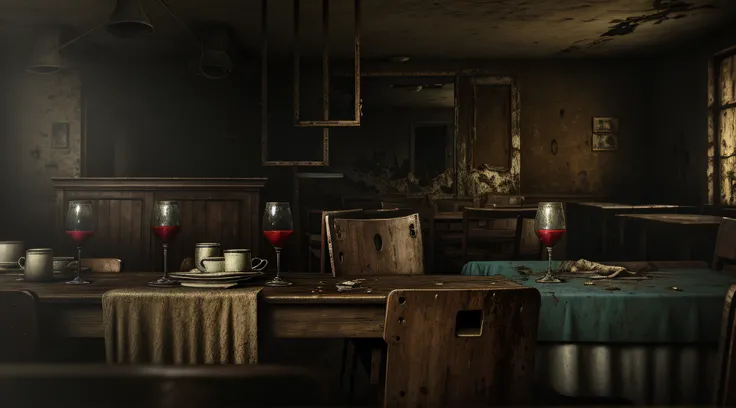 Best quality,4K,8K,A high resolution,Masterpiece:1.2,Ultra-detailed,Realistic:1.37,Dark,Abandoned restaurant,dusty atmosphere,Cracked walls,Broken windows,Desolate,Lonely,Empty table,Empty chairs,forget,Creepy,Tangled cobwebs,Shabby ceilings,Vintage curtai...