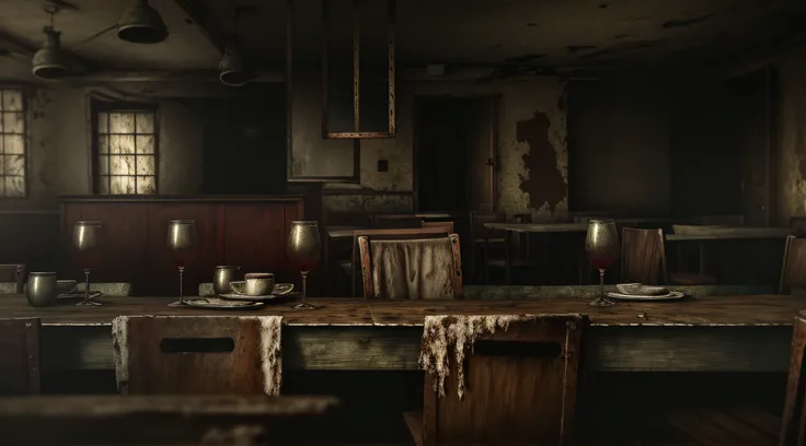 Best quality,4K,8K,A high resolution,Masterpiece:1.2,Ultra-detailed,Realistic:1.37,Dark,Abandoned restaurant,dusty atmosphere,Cracked walls,Broken windows,Desolate,Lonely,Empty table,Empty chairs,forget,Creepy,Tangled cobwebs,Shabby ceilings,Vintage curtai...