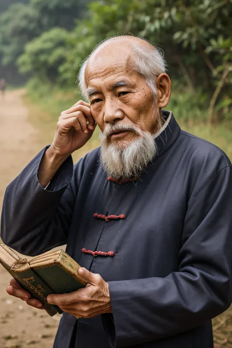 An old man with traditional Chinese thinking，Real frontal photos，Authentic background，The background is nature，holding books，worn-out clothing，Face full of wrinkles，80 years old Chinese medicine practitioner，Wise eyes，The beard is white，male people，country...