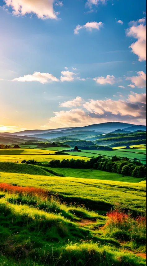 Japan countryside，steppe landscape，blues sky and clouds,  green forest, Dingdall effect，A winding country road，Colorful hot air balloons，high quality desktop wallpaper, verdant forest, detailed fields nature, beautiful english countryside, Stunning landsca...