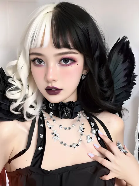 HighestQuali,tmasterpiece:1.2,Detailed details,1 Gothic girl,black lips,an angel dressed in black on a white background, in the style of cluj school, flowerpunk, halloween, social media portraiture, high quality photo, quito school, honeycor,