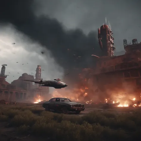 A wasteland-style spaceship, exploding in the air, black smoke from the engine, surrounded by a group of small red wasteland-style aircraft, with an abandoned ancient city in the background, towering industrial towers everywhere and some withered vegetatio...