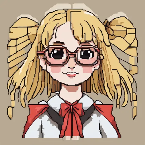 Heutige Zeit　jpn　point and click adventure Cute little blonde girl with nerdy glasses in pixel style, atari, c64, 8 bit