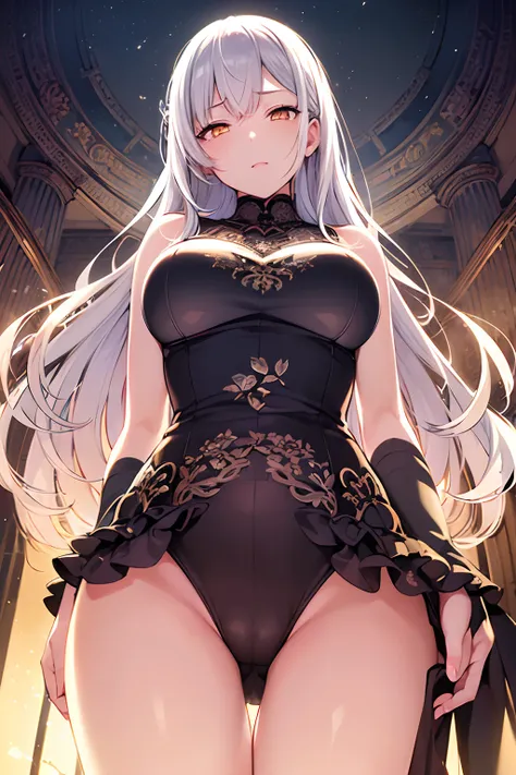 (masutepiece:1.2), Best Quality, (Illustration:1.2), (Ultra-detailed), hyperdetails, (delicate detailed), (Intricate details), (Cinematic Light, best quality backlight), Clear Line, From below, soloist, Perfect body, (1girl in), White hair and yellow eyes,...