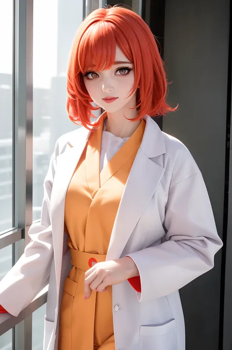 a close up of a woman with a red hair wearing a white coat, wearing lab coat and a blouse, anime cosplay, professional cosplay, anime girl cosplay, ayaka cosplay, leeloo outfit, anime girl in real life, with a lab coat, full-cosplay, anime-style, realistic...