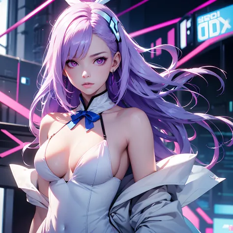 1girl,Albino, cute,big breast, breast over,purple hair, beautiful, long hair,red eyes, wearing a white and blue dress, hair with a ribbon, cyberpunk,cyborng((8k, UHD, ultra realistic))