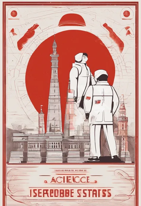 Scientists in science coats turn their backs to us，looking at the stars，hard core，Technologie，Red monochrome,USSR Poster,urss,Communism