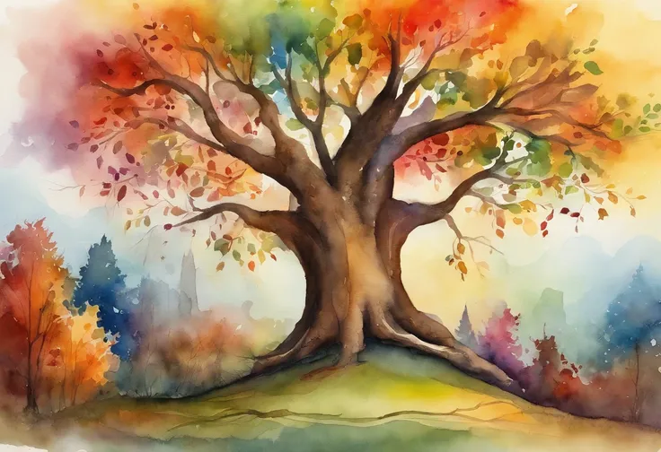 "A towering tree with vibrant rainbow-colored leaves, casting its majestic shadow over an enchanting fantasy village."