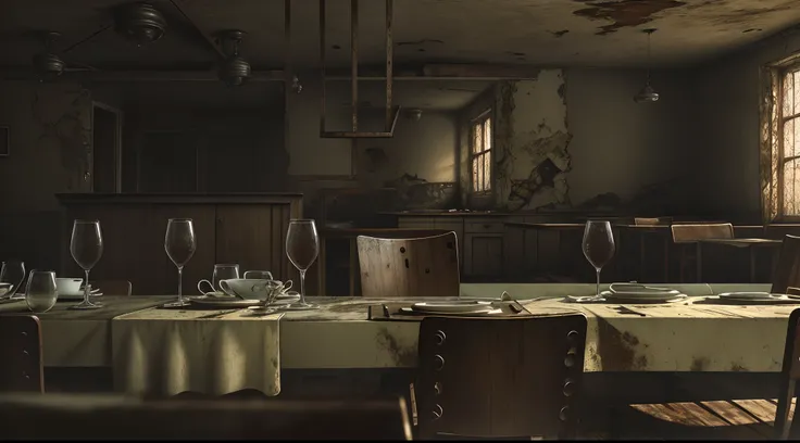 (best quality,4K,8K,highres,masterpiece:1.2),ultra-detailed,(realistic,photorealistic,photo-realistic:1.37),abandoned restaurant,dusty atmosphere,cracked walls,broken windows,desolate,lonely figure,empty table,empty chairs,forgotten,haunting spiderwebs,dil...