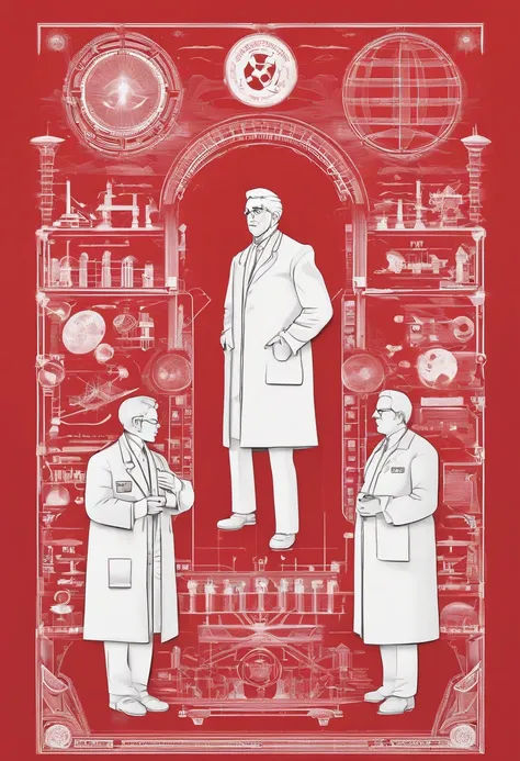 Scientists in science coats turn their backs to us，looking at the stars，hard core，Technologie，Red monochrome,USSR Poster,urss,Communism