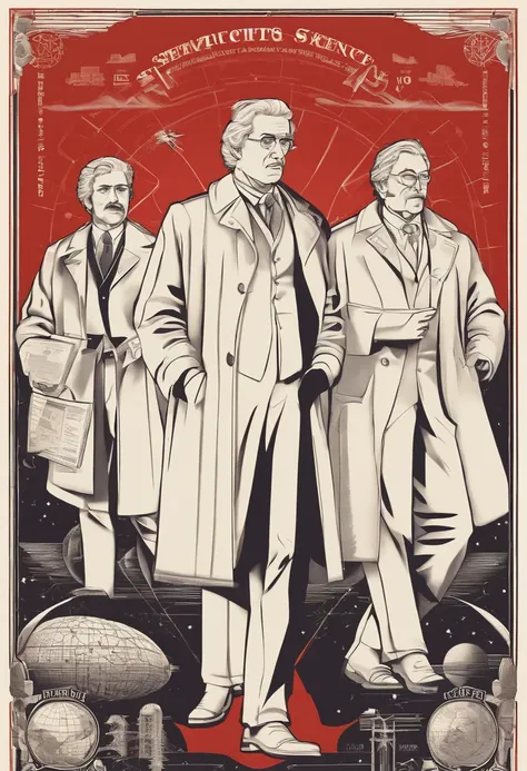 Scientists in science coats turn their backs to us，looking at the stars，hard core，Technologie，Red monochrome,USSR Poster,urss,Communism