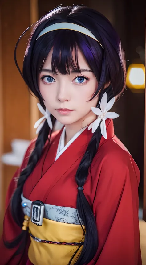 top-quality, 8k, ultra-detailliert, izumi kyouka, red kimono, tasukikake, shairband, long bowed hair, (black-purple hair:1.1), 1...