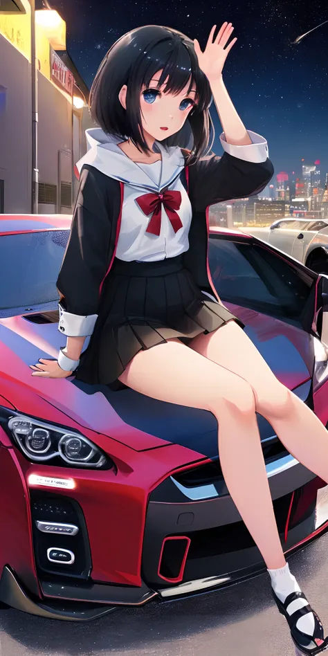 Nissan GT-R35 , Custom Built , Night Shot , Girl Sitting On The Hood , Sexy Anime Girl (16 year old girl) , Long Legs Black Shiny Hair (hair waving in the air) , Short Skirt & Top , Milky Way Arm In Background