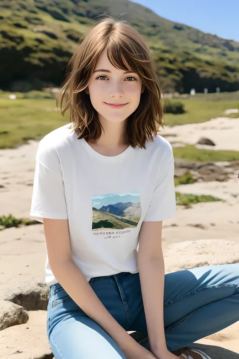 La mejor calidad, Chica Adolescente Max Caulfield  ,brown hair ,  ,.  ,Cabello largo ,, Profundidad de campo, 
 ,    without smiling ,,, Camiseta blanca y jeans ,Mirando al espectador,  sit Rocas de playa