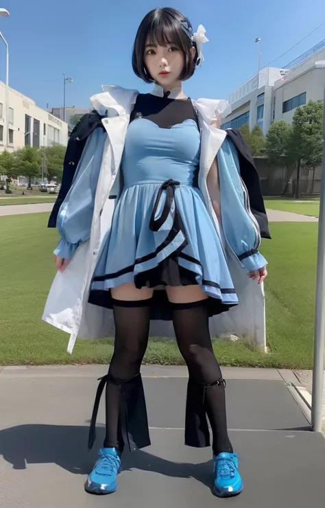 female idol、、large full breasts、beautiful foot、、、Good Style、、Long body、Black tops、knee sox、puff sleeves、Shiny Light Blue Dress、a miniskirt、bob cuts