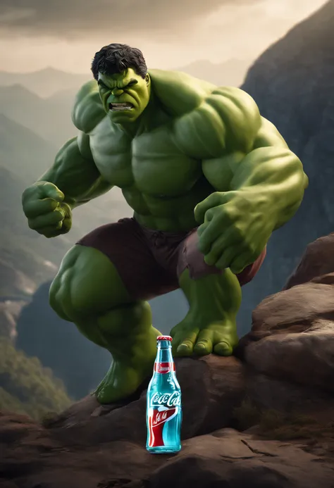 best quality,ultra-detailed,realistic,professional,Hulk on a mountain,Hulk with a scary angry face,a broken Coca-Cola bottle in Hulks hand,a flattened Coca-Cola bottle under Hulks feet,modern cinematic view,3D rendering,color harmony,light and shadow,gradi...