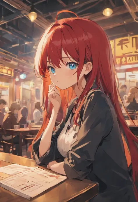 Anime character with red hair and blue eyes sitting at table, anime style 4 k, Anime style. 8K, red hoods, Stylized anime, High quality anime art style, anime stylized, anime style character, Anime Art Style, In anime style, 2 d anime style, epic anime sty...